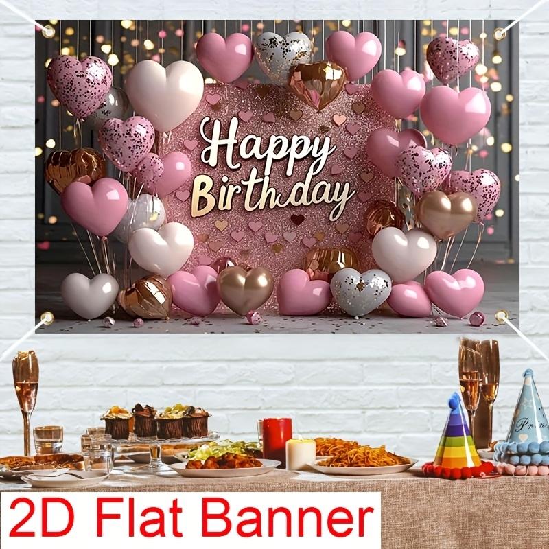 1Happy birthday Pink glitter background With balloons and hearts Suitable for parties No Power Supply Required
