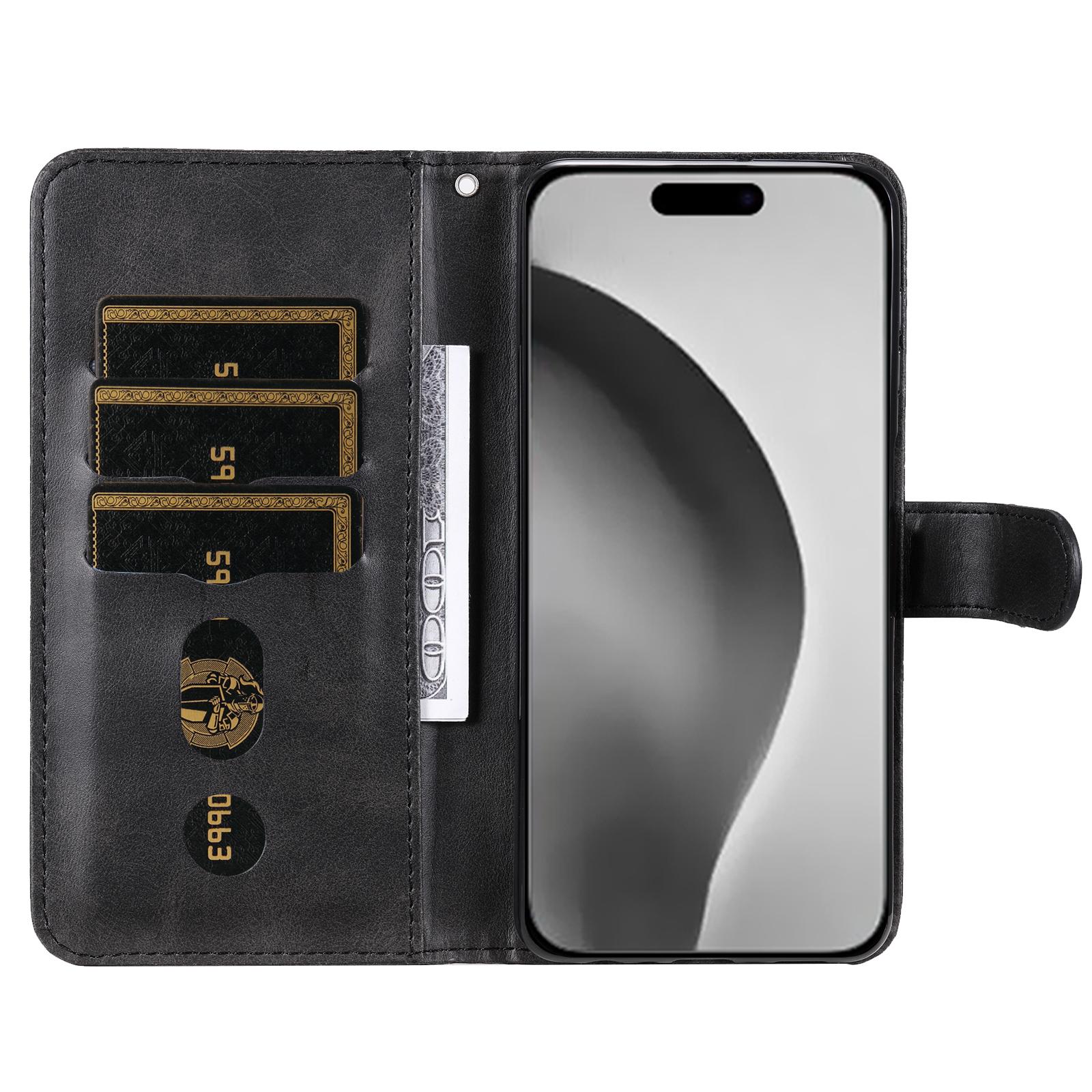 

For iPhone 16 Pro Max Case Zipper Pocket Flip Shockproof Leather Phone Cover Black