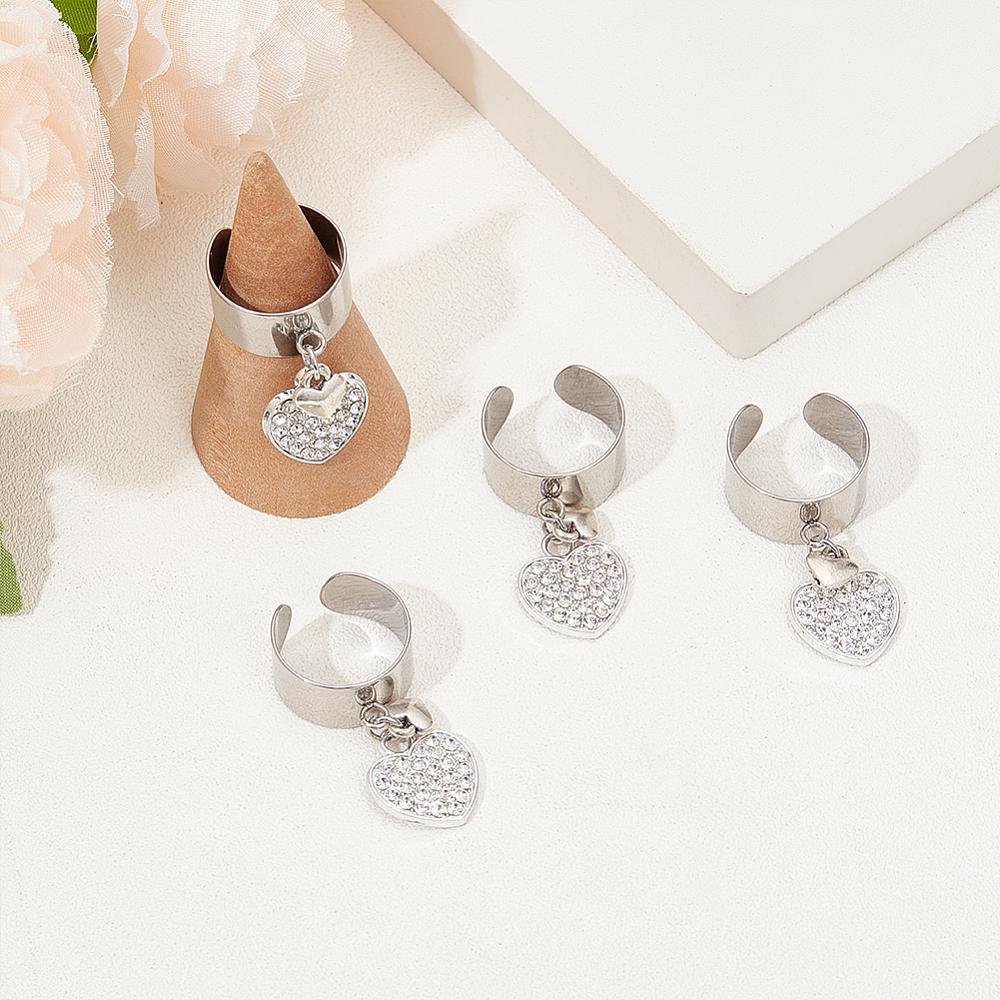 304 Stainless Steel Cuff Rings, with Alloy Rhinestone Heart Pendant, Stainless Steel Color, Inner Diameter: 17~18mm, 4pcs/set