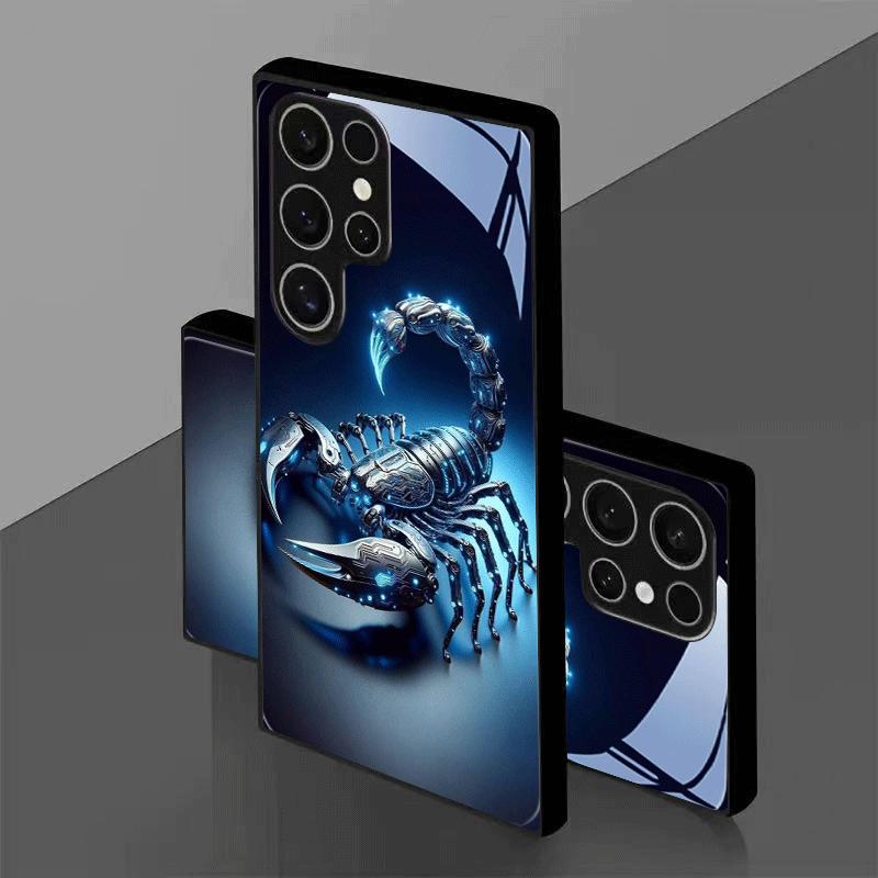 Blaues Licht Mechanisches Skorpionmuster Gehärtetes Glas Handyhülle für Galaxy S26 S25 S24 S23 S22 S21 S20 FE Ultra Plus Sturzfest