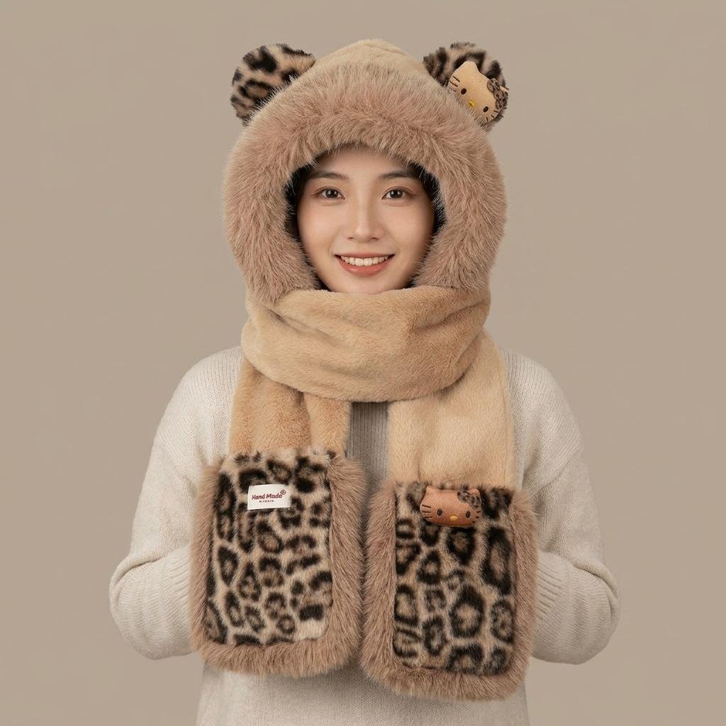 One-piece female autumn and winter warm hooded plush leopard print bear ears hat scarf scarf hat three-piece set