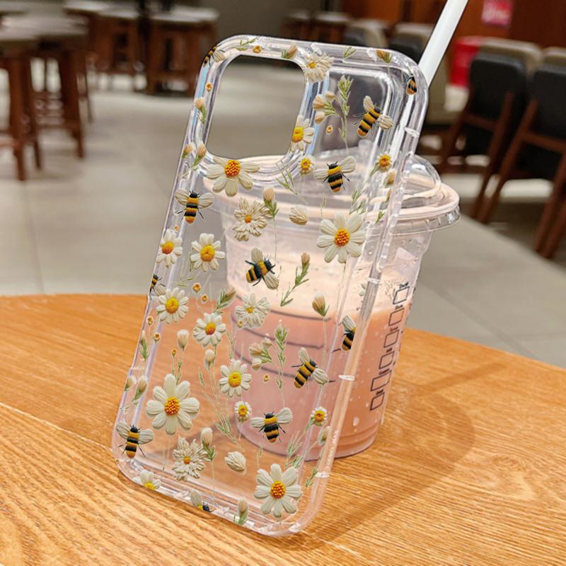 Cute Honeybee Flower Pattern Soft Clear hone Case For iPhone 17 16 16E 15 14 13 12 11 Pro Max Air XS X XR 7 8Plus SE2 Soft Cover