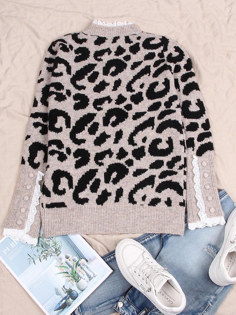 Leopard Print Lace Trim Patchwork Pullover - Women's Long Sleeve Round Neck Knit Sweater