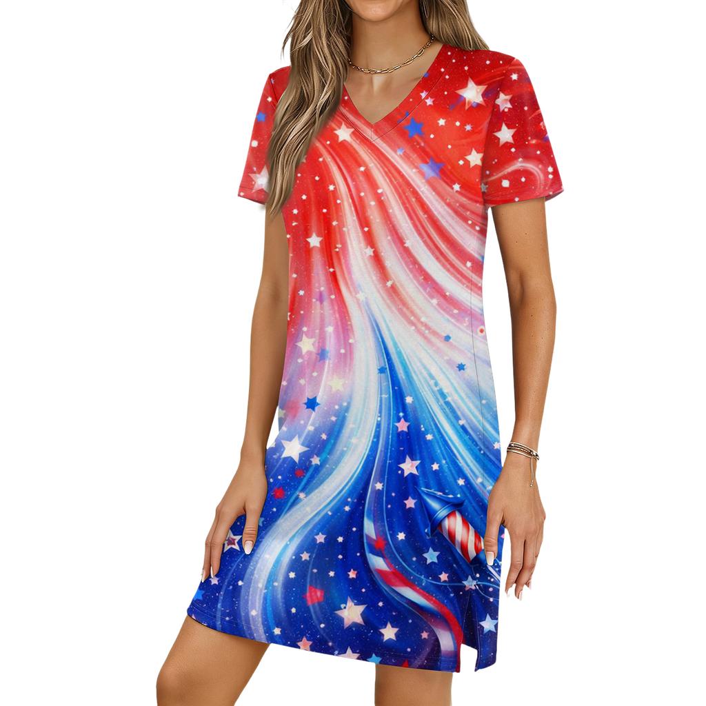 Women's Casual V-neck Short Sleeve Split Hem Independence Day Printed Dress