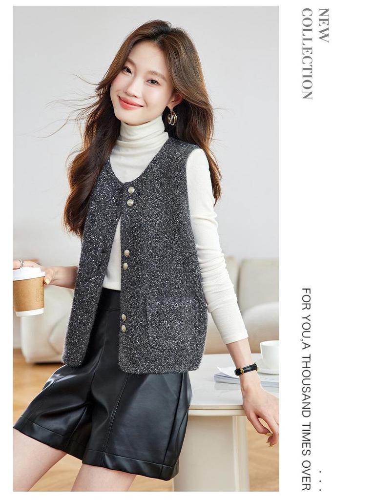 2025 Autumn Women's Fashionable Round Neck Knitted Cardigan Vest - Versatile Petite Sweater Top