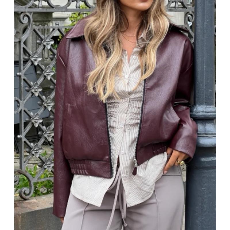 Women's Solid Color Faux Leather Zip-Up Bomber Jacket