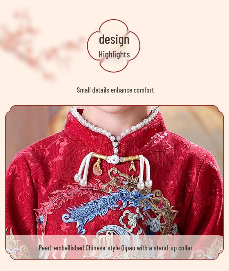 Girls' New Year Long-Sleeve Qipao: Children's Chinese-Style Autumn/Winter Dress 2026