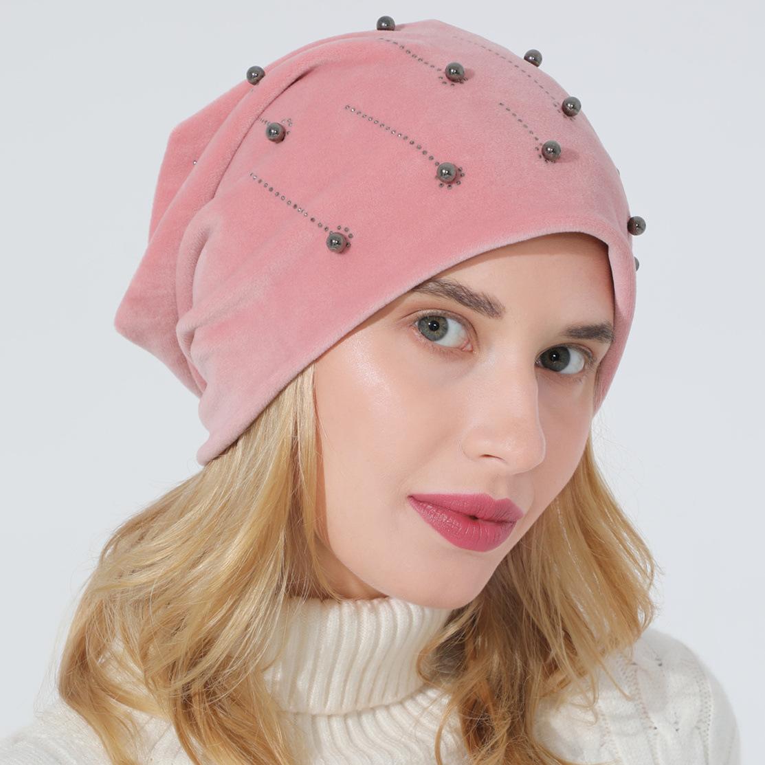 

Autumn Winter Women s Hot Drilled Bead Pullover Versatile Double Layer Suede Warm Moon Hat OneSize розовый