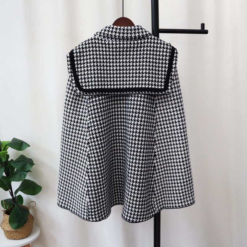 Navy Collar Thousand Bird Grid Knitted Double-sided Tweed Cloak Coat Women's Autumn and Winter New High-end Sweater Jacket