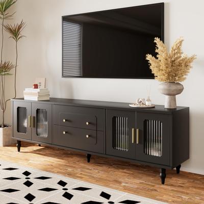 Meuble bas, meuble TV avec poignées dorées, pieds en bois massif, portes en verre rainuré, grand espace de rangement, tiroirs push-to-open, design élégant