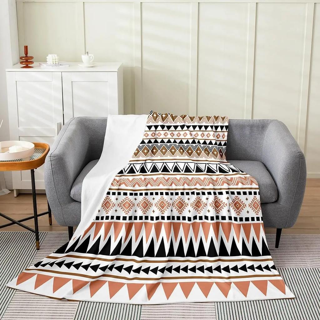 Aztecká vzorovaná deka Kmenový design Fleecový přehoz Boho bytový dekor Útulný potah na pohovku Geometrický potisk Ložní prádlo