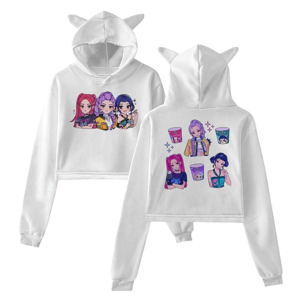 Hot Anime Kpop Demon Hunters Print Hooded Fashion Women Girl Sweatshirt Cropped Hoodies Casual Tops Harajuku Cat Ear Sweatshirt