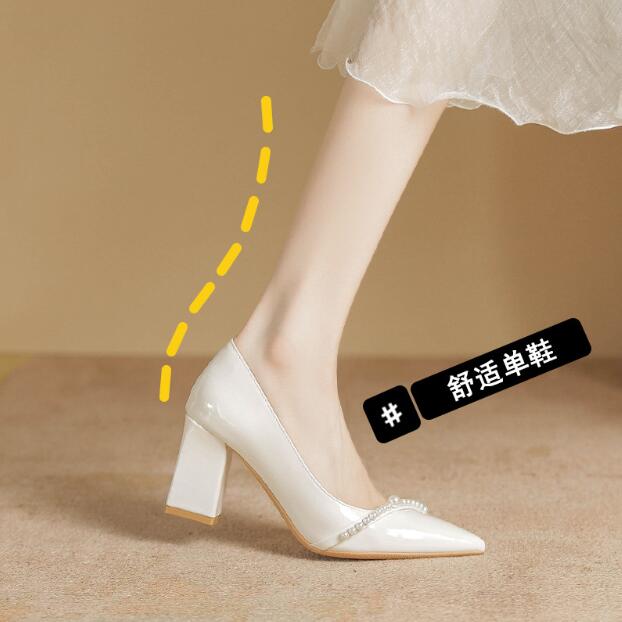 Spring Patent Leather Slip-On Chunky Heels High Heels  Shoes Pointed Toe Shallow Women's Wedding Office Shoes Female Pumps