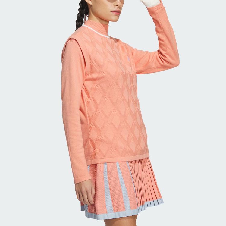 adidas Two-In-One Polo Shirt And Vest Color Block Logo Long Sleeve Knit Top Women Tops Pink Brown HZ6117