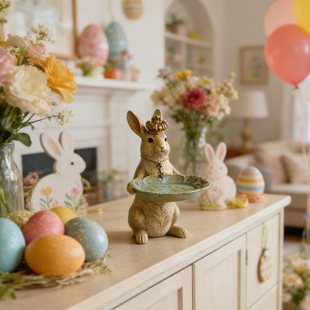 Decorative Rabbit Jewelry Dish with Ornate Tray and Crown Accent for Holding Small Items and Accessories