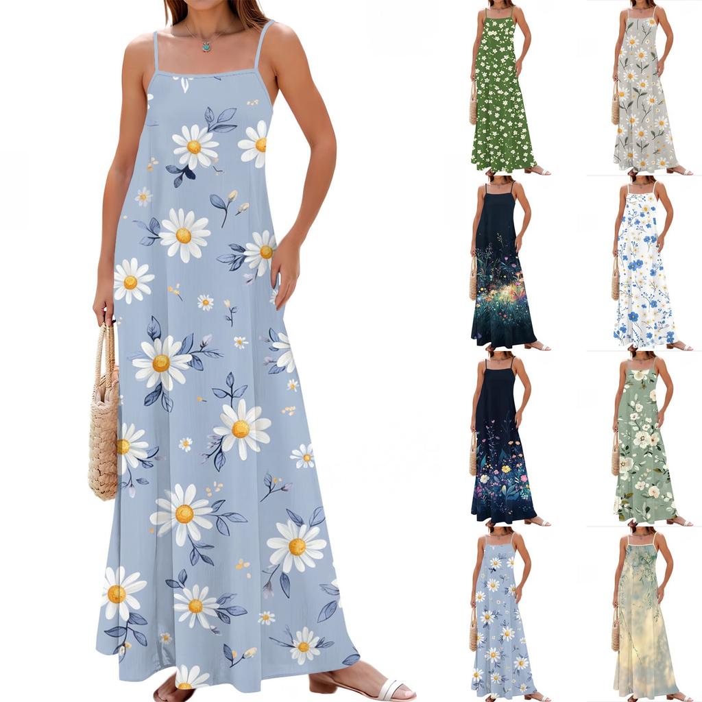 Women's Spring And Summer Casual Fashion Adjustable Suspender Printing Long Dress