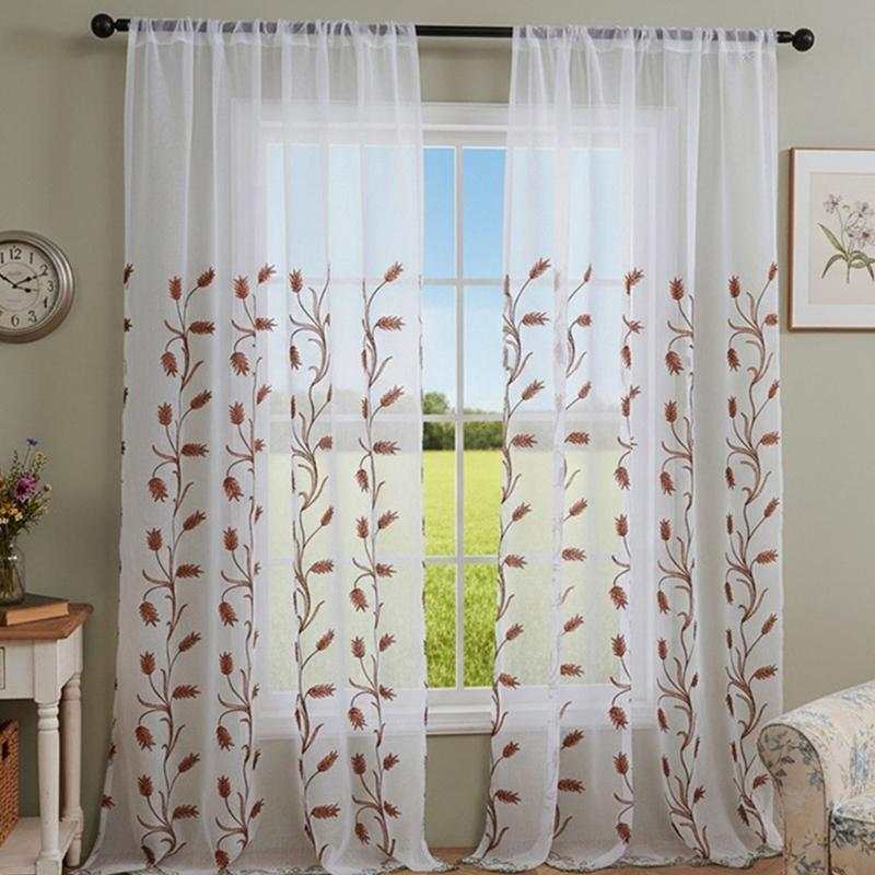 Rod Pocket Design Semi Sheer Curtain Easy Installation Wheat Embroidered Voile Drape Light Filtering for Home Decors