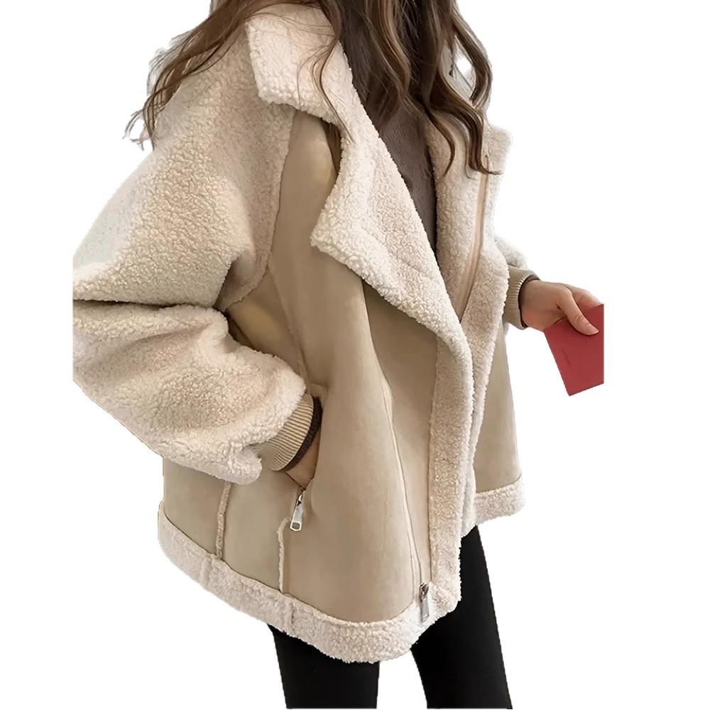 Women's Motorcycle Jacket - Faux Lamb Wool, Autumn/Winter, Particle Velvet, Thickened Leather & Fur Blend, Small Size.