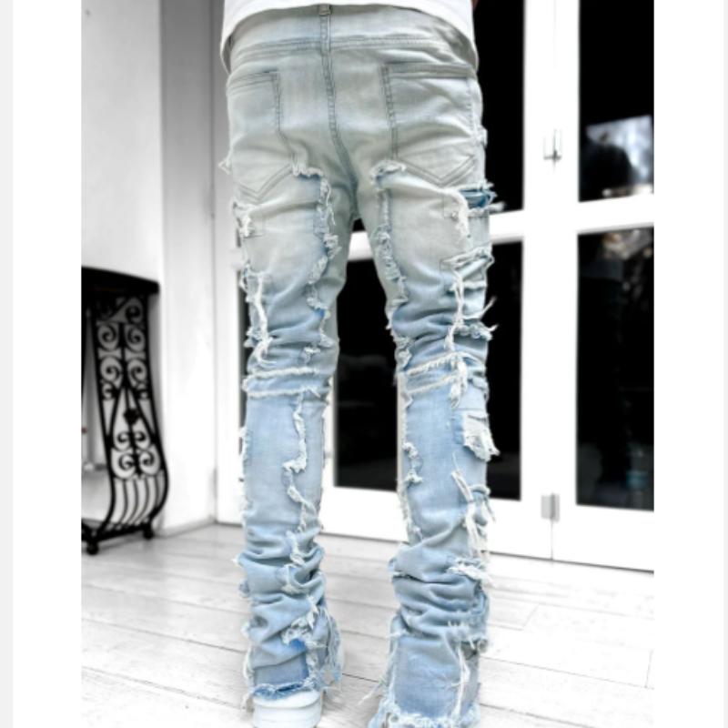 Spring and Autumn Individual Patched Black Pants Elastic Tassel Patch Denim Straight Pants Long Tight Fit Stacked Jeans for Men
