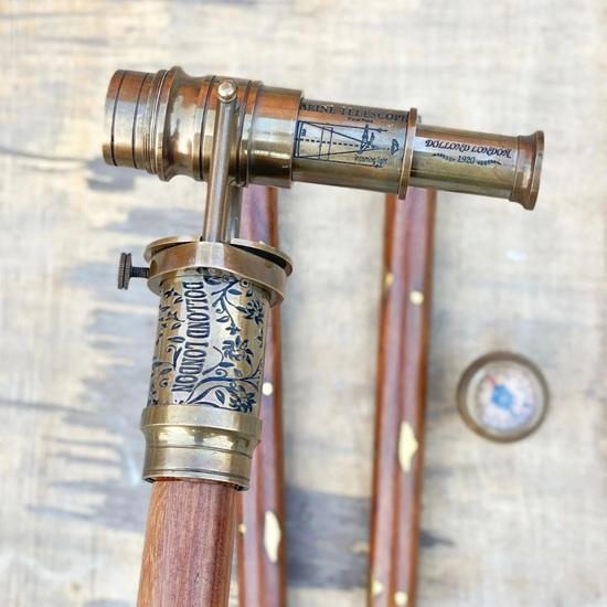 Engraved Brass Walking Stick With Telescope Direction Compass On Top Spyglass Cane, 1920 Dollond London Victorian Canes, Handmade Gift