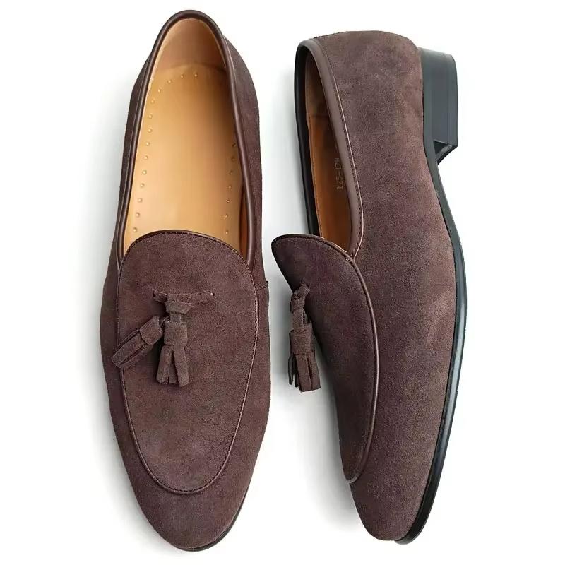 Fashion Elegant Casual Office Shoe Cow Suede Loafers Men Business Daily Wear Professional handmade Top Quality Tassel Retro Slip On Shoe