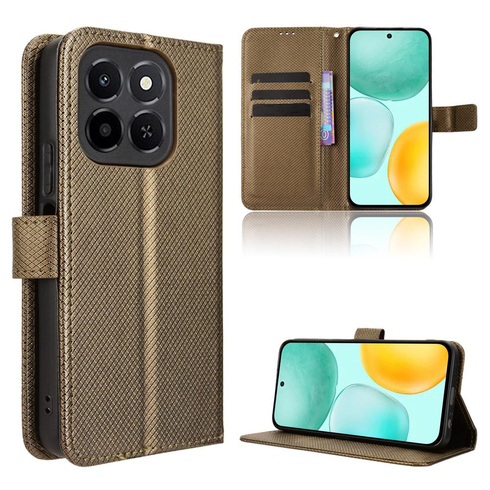 

For Honor X6c 4G Leather Wallet Case with Strap Diamond Texture Phone Cover Brown