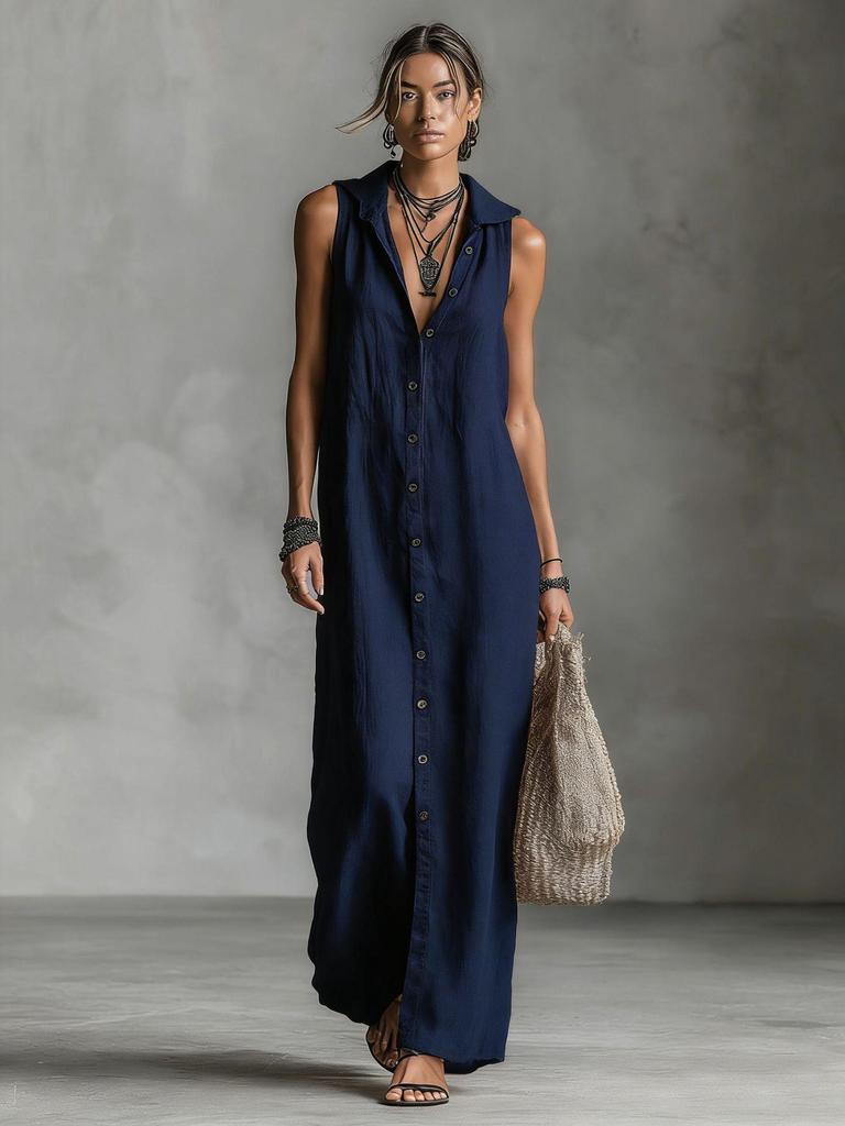 2026 Summer European & American Buckle-Up Sleeveless Hooded Long Dress for Women