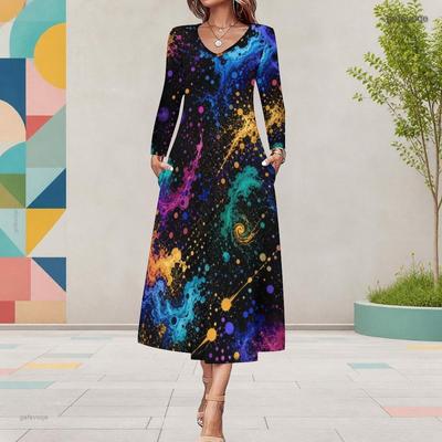 Women Plus Size V Neck Long Sleeve Multicolor Printed A Line Midi Dress With Pockets