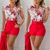 2 st/set Dam Top Shorts Set Blomma utskrift Bälte Hög midja Ärmlös rynkning Dress-up OL Style Tight midja Damkostym