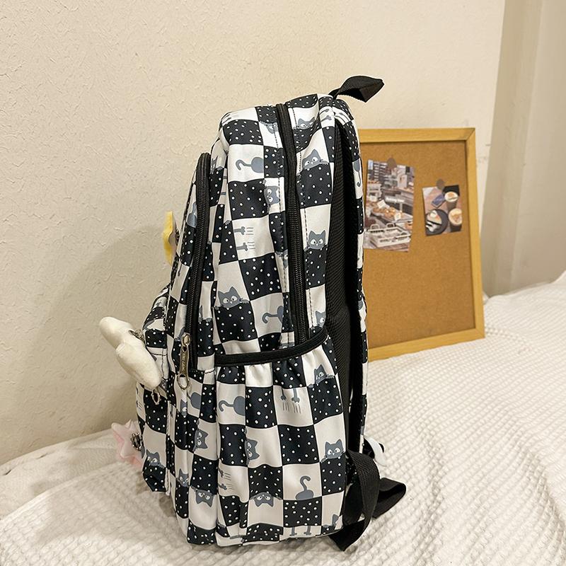 Plaid Cat Print Nylon Schoolbag Large Capacity Backpack High School Student Backpack