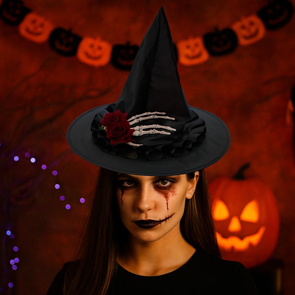 Flower Skull Wizard Cap Black Witch Hat Foldable Halloween Witch Hats Night club