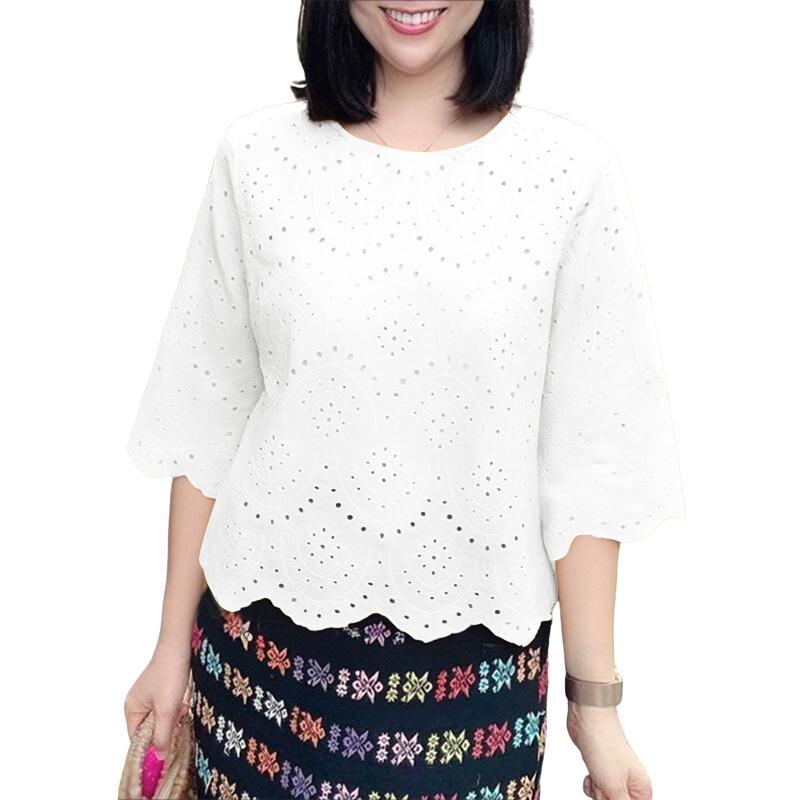 

ZANZEA Женская повседневная блузка с круглым вырезом, рукавами 3/4, свободного кроя, пэчворк, вязаная крючком S белый