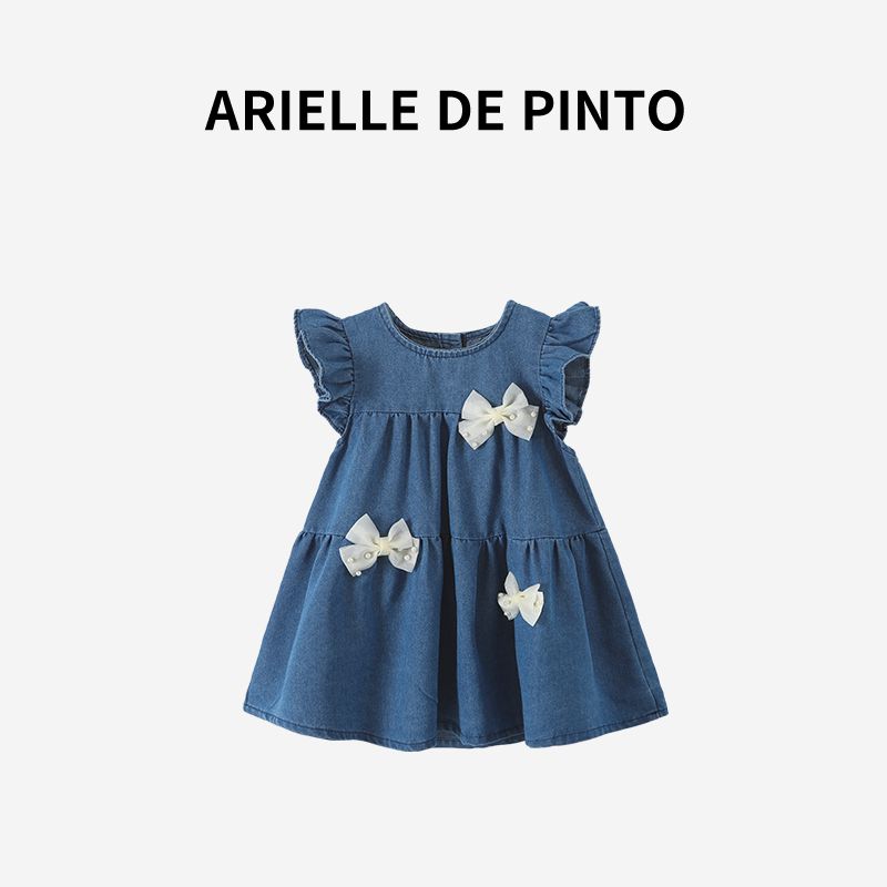 French Arielle De Pinto Girls Bow Denim Skirt Summer Sweet Girl s Flutter Sleeve Dress Cowboy Blue 110
