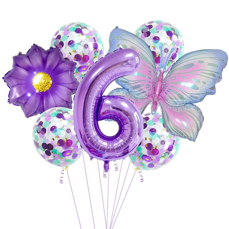 Purple And Pink Butterfly Balloon Set, Chrysanthemum Aluminum Film Confetti Balloon, Baby Rain Party Arrangement