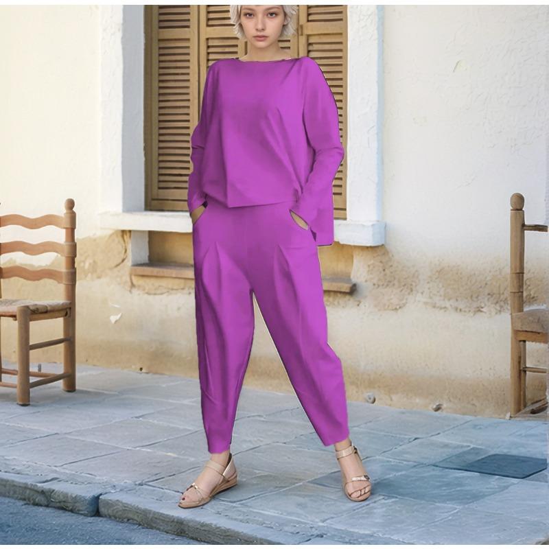 Modisches Rundhals-Langarm-Freizeithemd Zweiteiliges lockeres Hosenset Herbst Einfarbig Übergröße Hosen mit Taschen Hosenanzug Damenbekleidung 1846