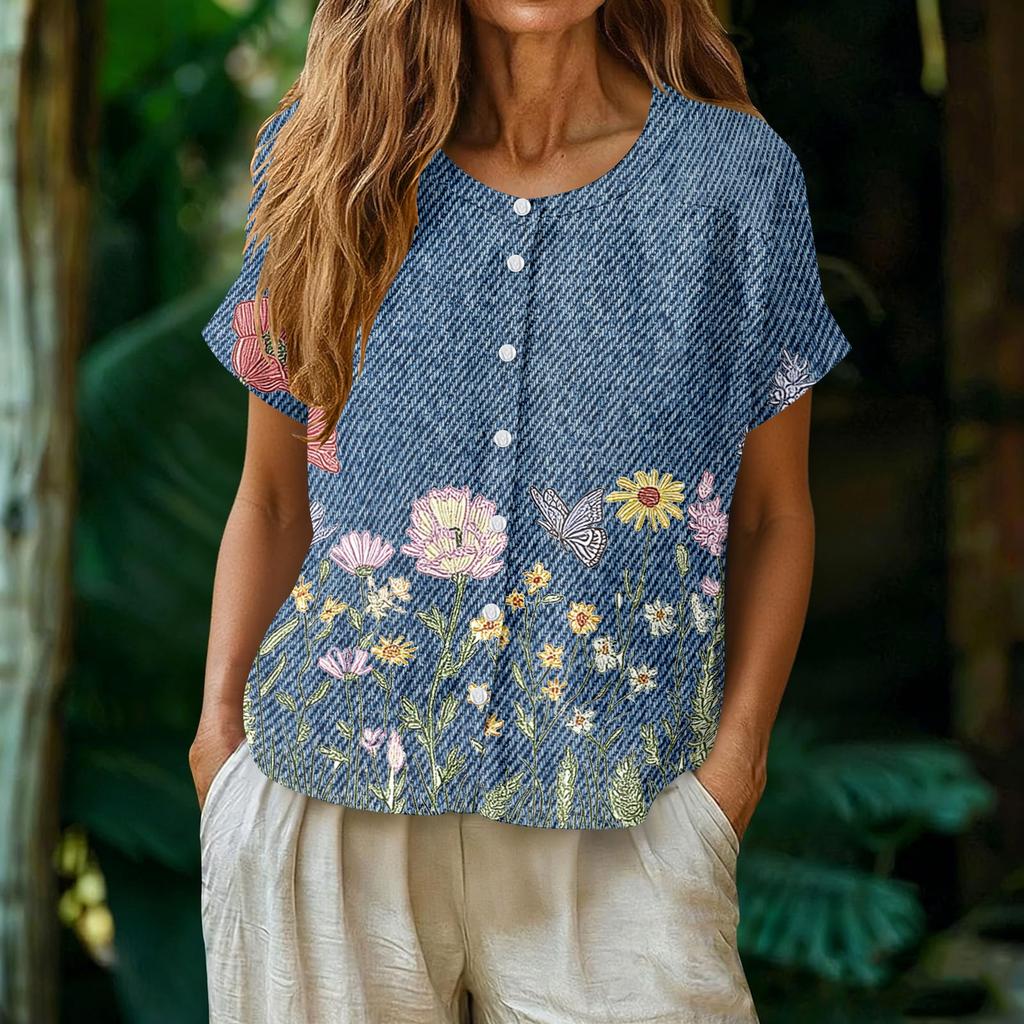 Womens Casual Henley Neck Button Down Floral Print Top Short Sleeve Lightweight Blouse for Summer Spring
