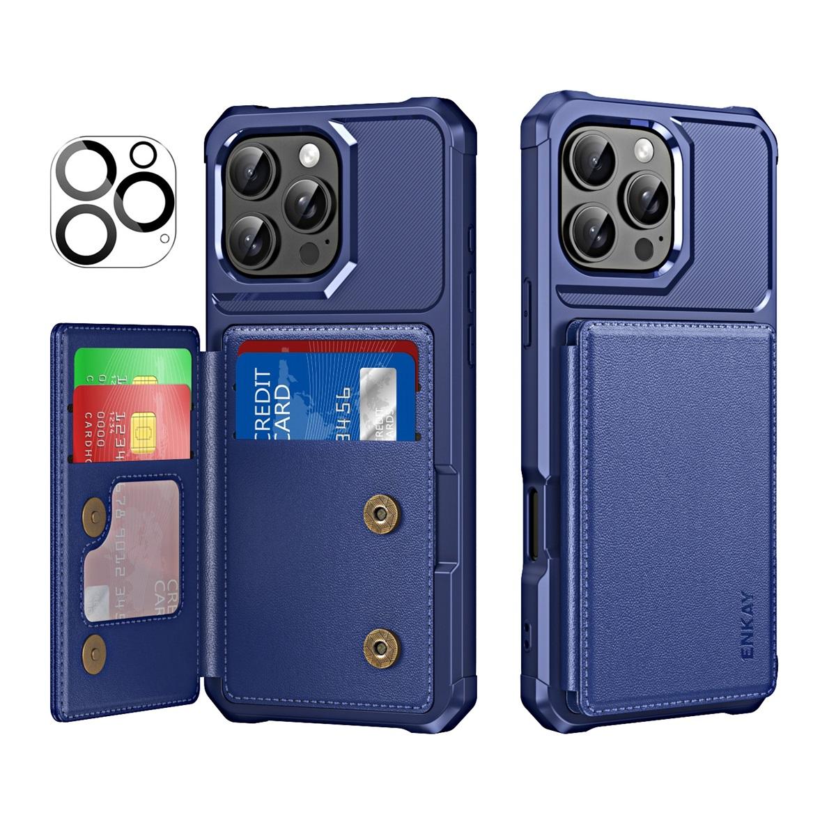

Для iPhone 16 Pro ENKAY Hat-Prince Кошелек Слот для карт Подставка Кожа PU + TPU Задняя крышка телефона с пленкой для защиты объектива камеры D