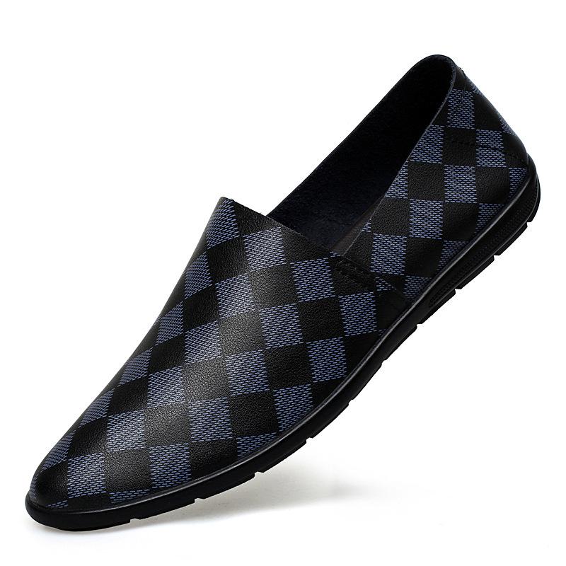 Bean Bean Men s Casual Leather Shoes - Trendy Embossed Grid Pattern, Breathable & Fashionable Slip-On Design 38