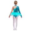 Mädchen Glitzernde Pailletten Tanzleotard Feder Tüll Rockdesign Asymmetrische Schulter Langarm Mock Neck Body
