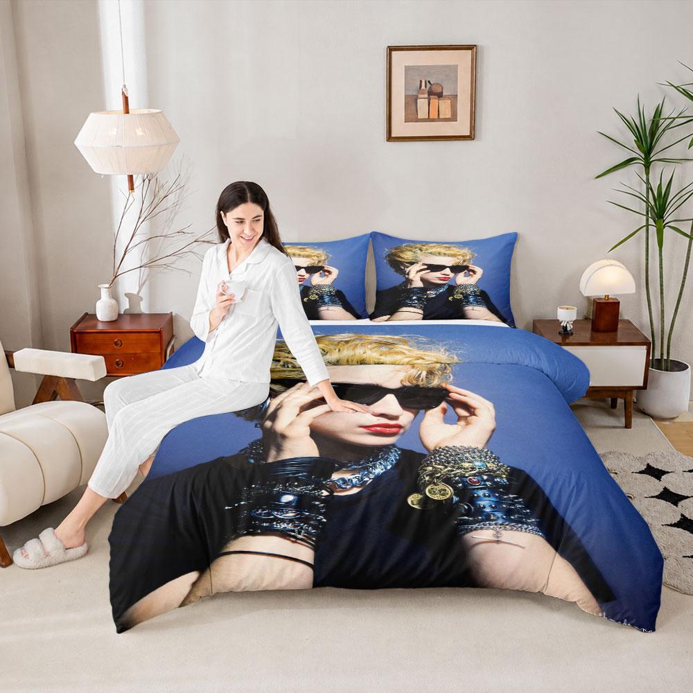 Modern Madonna Vintage Pop Star Portrait Blue 3-Piece Bedding Set, Easy Care Duvet Cover Set, Complete Bedding Set with Pillowcases
