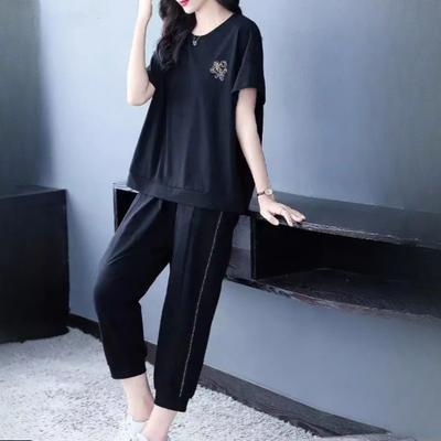 Two-piece Casual Sports Suit Women's Summer Loose Embroidered Short-sleeved Cropped Pants
