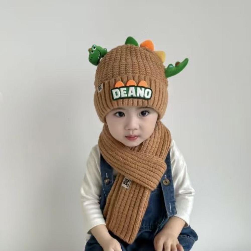 

Two-Piece Set Knitted Wool Cap Little Dinosaur Baby Beanie New Children Hat Scarf Set Winter кавовий