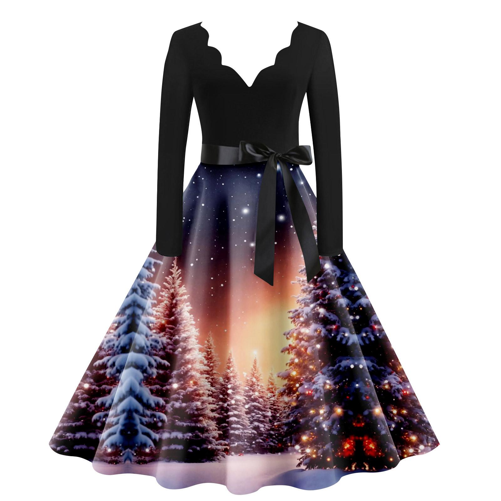 

Женское винтажное классическое платье с воротником на талии, бантом, длинными рукавами, рождественским принтом, V-образным вырезом, свободное платье S жёлтый