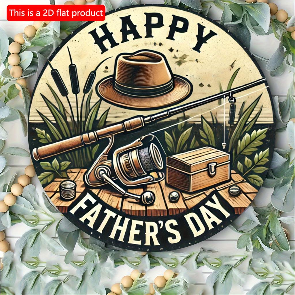 2d Flat 20*20cm, "Happy Father's Day" Round Wooden Logo Wall Art, Retro Fishing Design, Perfect Gift for Fathers on Father's Day, Decor Easy Hanging.