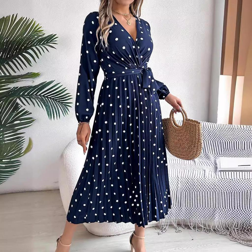 Abito lungo da donna autunno inverno a maniche lunghe con pieghe a pois e vita alta