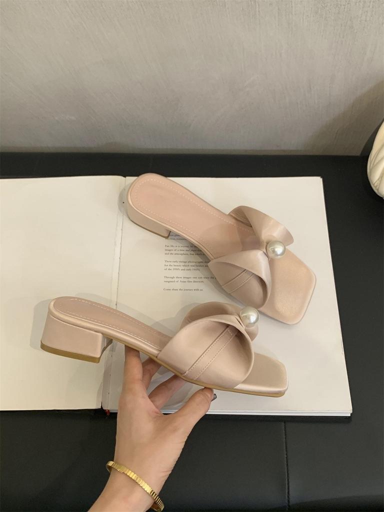 Bow women's slippers women's summer wear new French temperament fairy style evening with skirt thick heel sandals