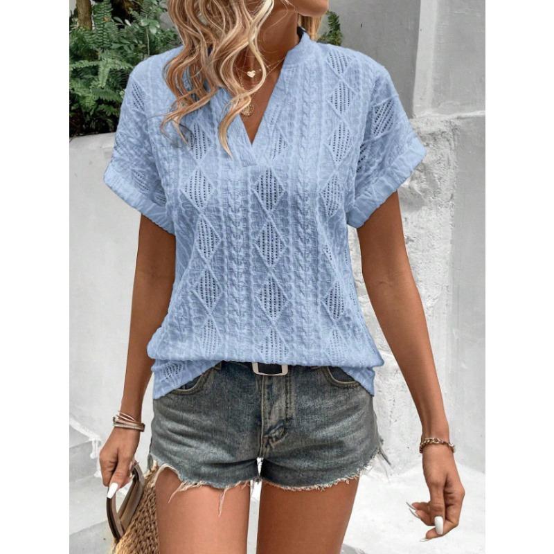 

Summer Casual Jacquard V-neck Top Loose Short Sleeved Women s Shirts XXL небесно-голубой