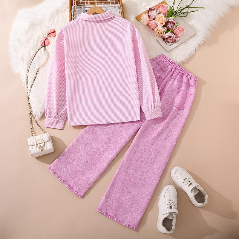 Teenagers Children Set 2025 Autumn New Girls Ripped Jeans Long Sleeve Striped Shirt Pink Hip-Hop Style Two-Piece Set