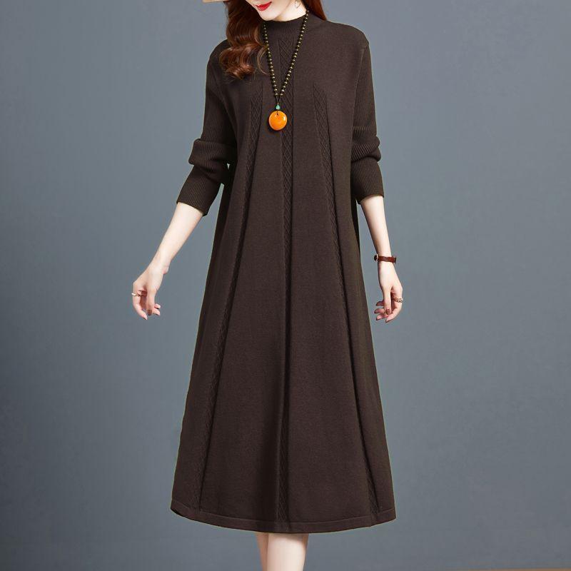 Long Knee-length Knitted Dress for Women In Autumn and Winter Solid Color Loose Plus-size Sweater Dress Half Turtleneck Sweater A-line Dress