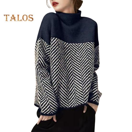 Women Sweater Half High Collar Long Sleeve Color-Blocked Loose Fit Knitting Top Autumn Winter Thick Warm Pullover Tops